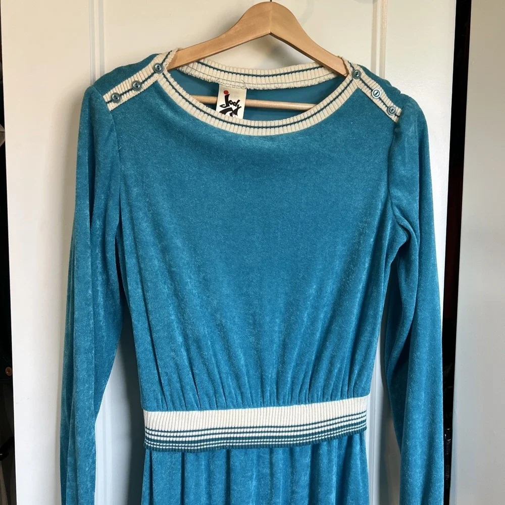 VTG  70's Jody Of California Turquoise Terry Cloth Dress White Trim Sz 11‎